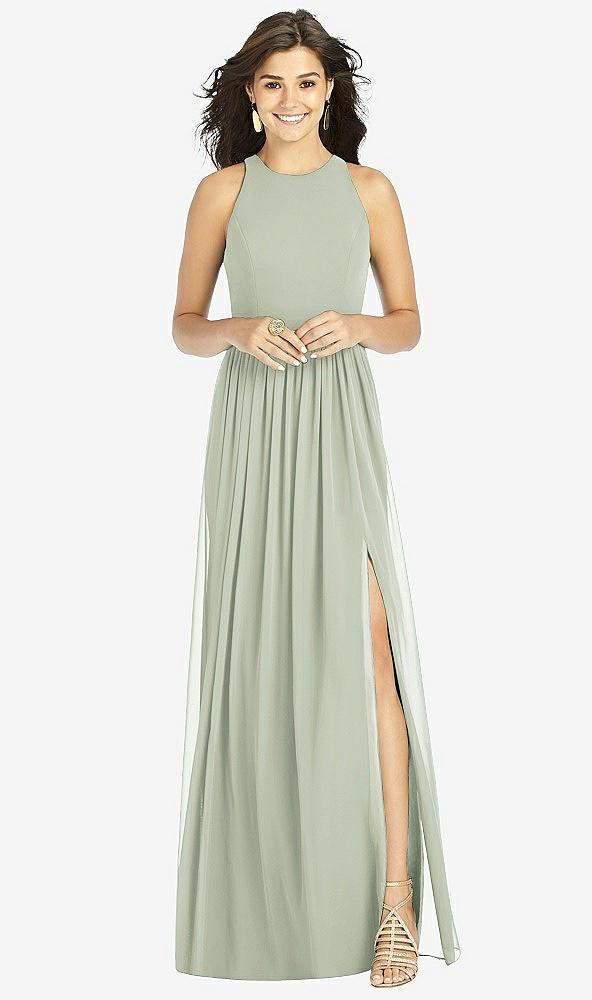 shirred skirt jewel neck halter dress with front slit
