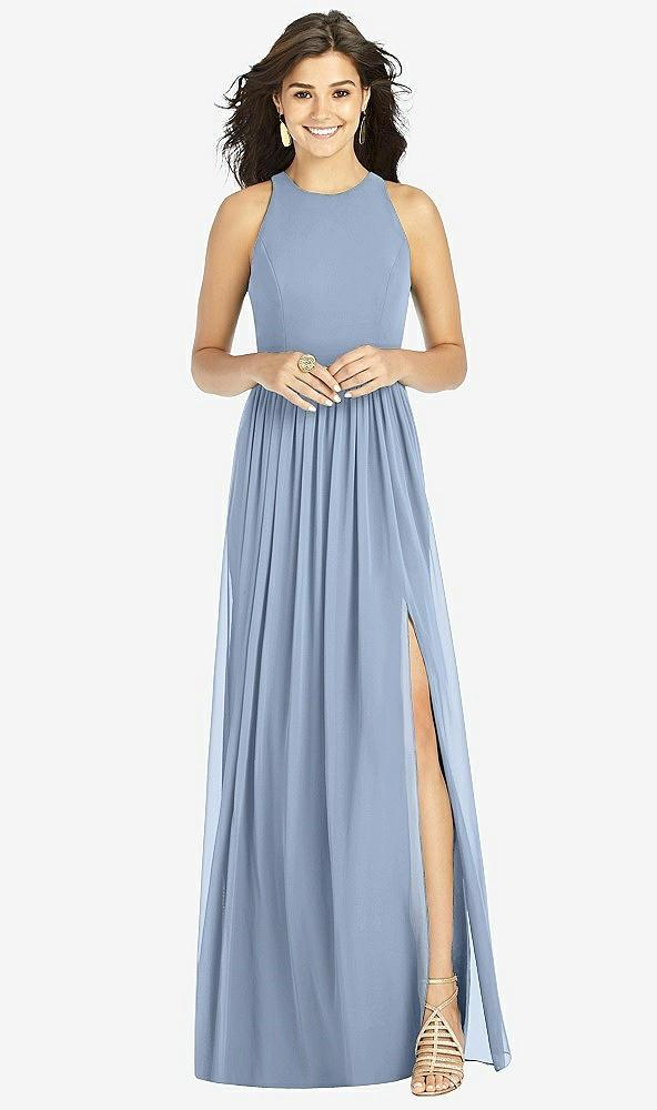 shirred skirt jewel neck halter dress with front slit