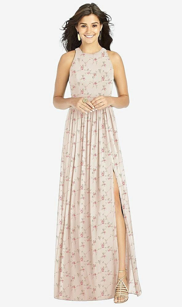 shirred skirt jewel neck halter dress with front slit