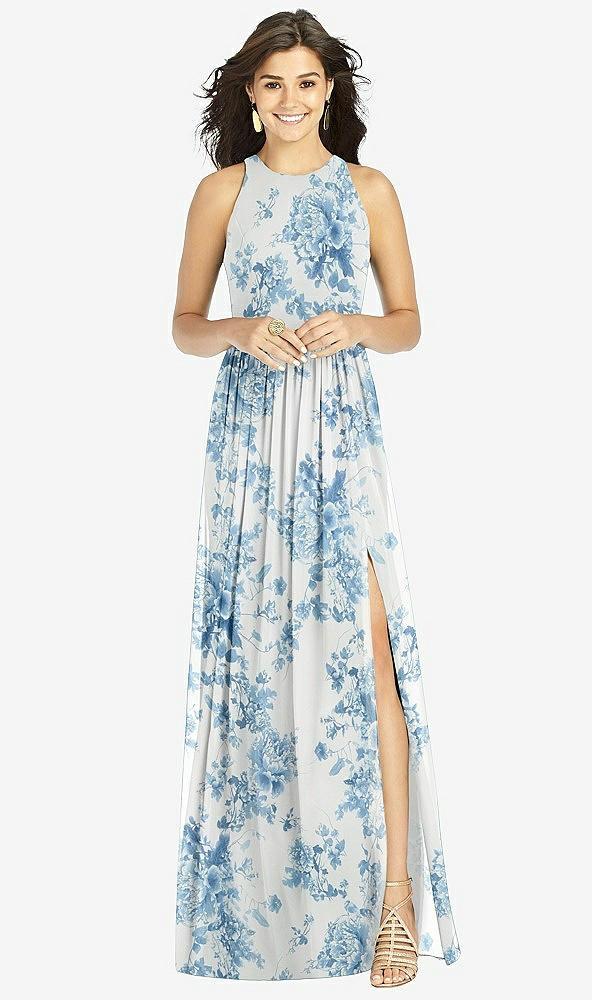 shirred skirt jewel neck halter dress with front slit