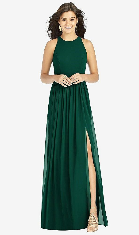 shirred skirt jewel neck halter dress with front slit