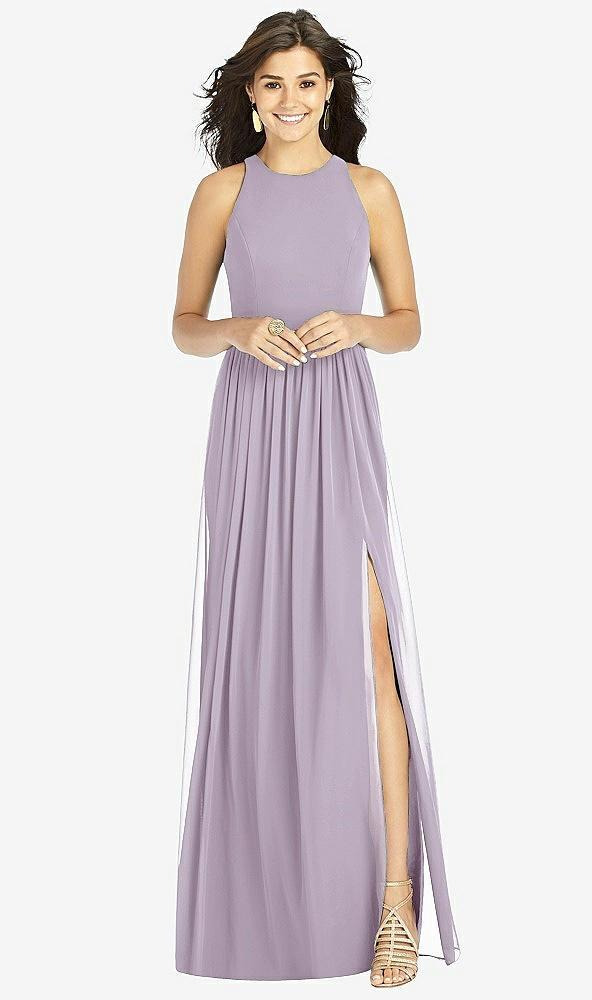 shirred skirt jewel neck halter dress with front slit