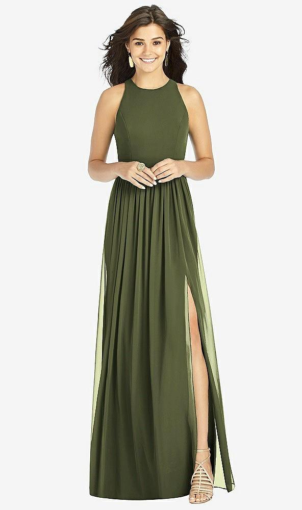 shirred skirt jewel neck halter dress with front slit