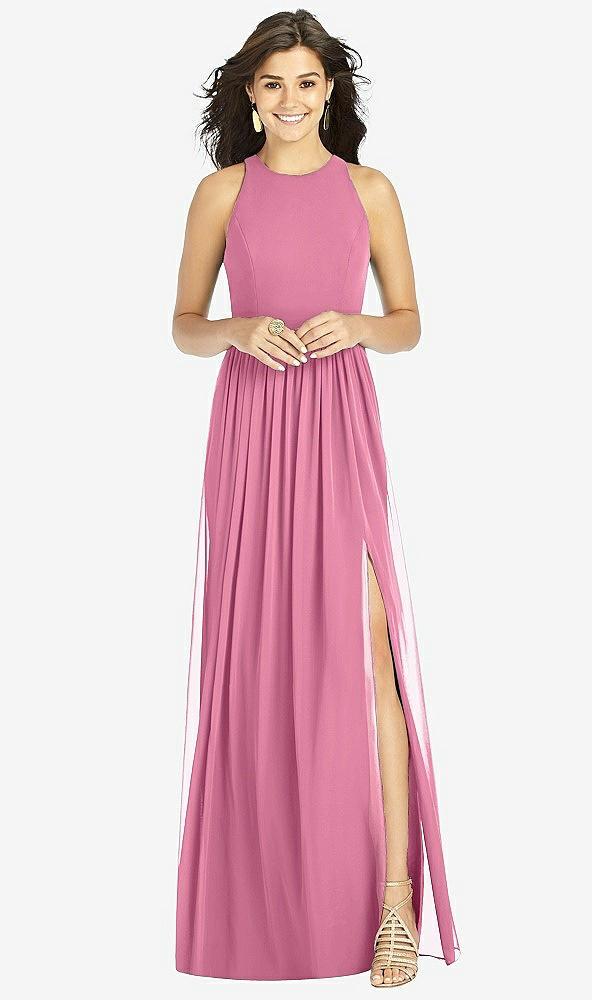 shirred skirt jewel neck halter dress with front slit
