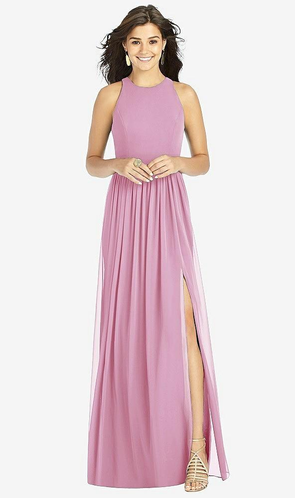 shirred skirt jewel neck halter dress with front slit