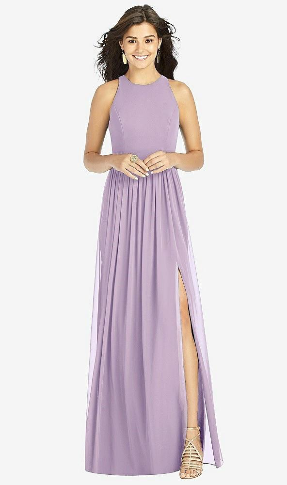 shirred skirt jewel neck halter dress with front slit
