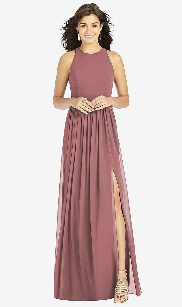 shirred skirt jewel neck halter dress with front slit