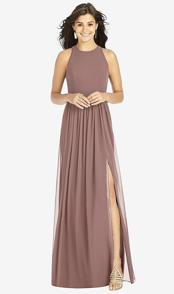 shirred skirt jewel neck halter dress with front slit
