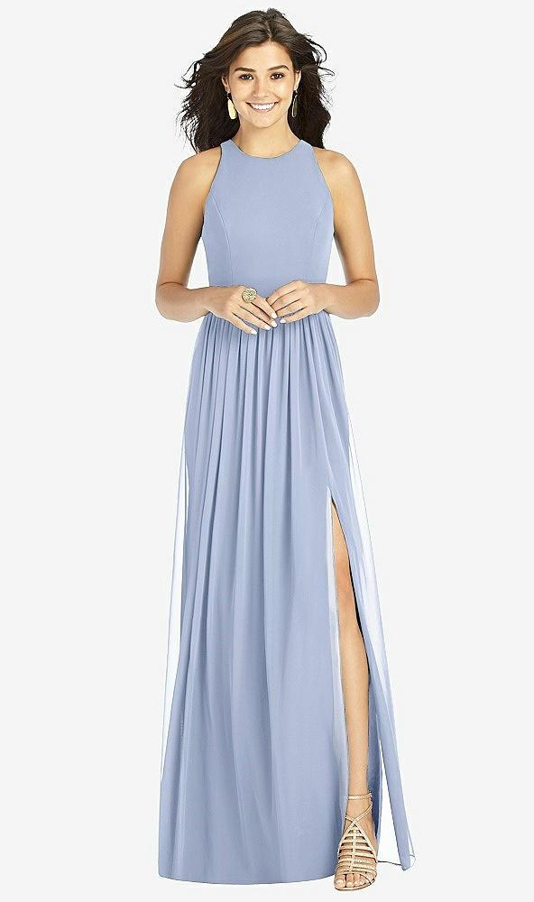 shirred skirt jewel neck halter dress with front slit