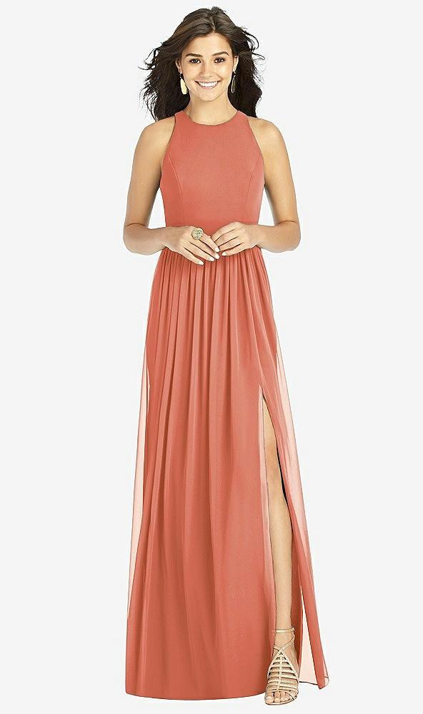 shirred skirt jewel neck halter dress with front slit