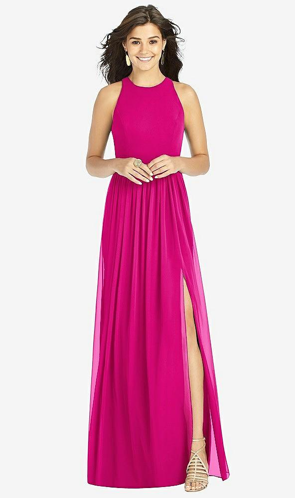 shirred skirt jewel neck halter dress with front slit