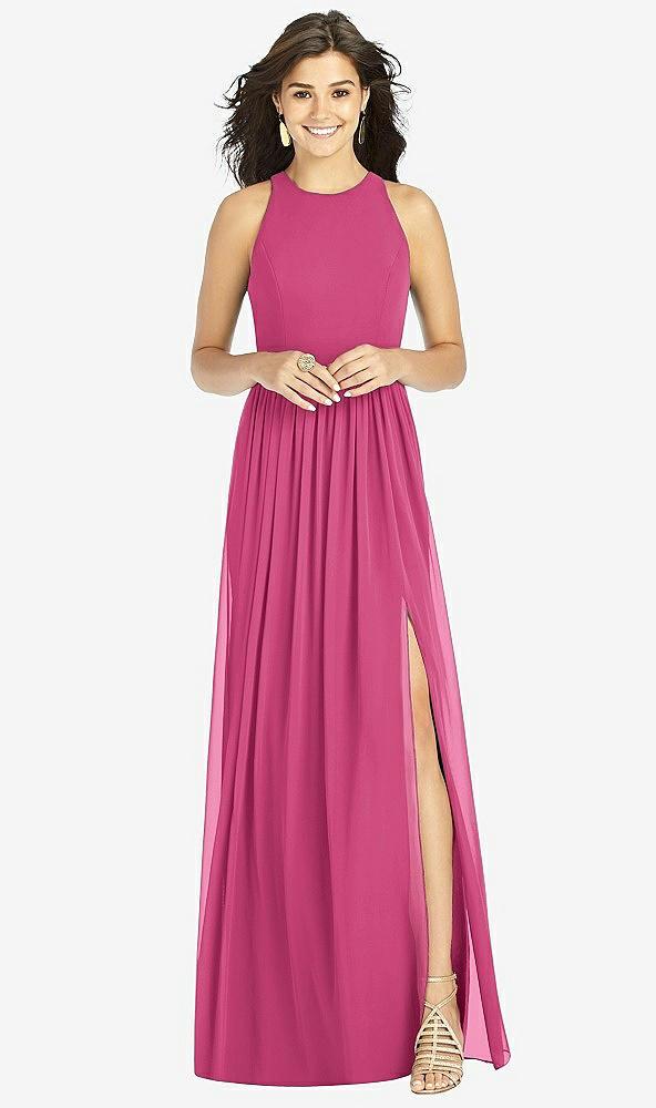 shirred skirt jewel neck halter dress with front slit