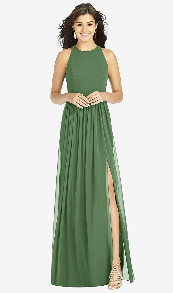 shirred skirt jewel neck halter dress with front slit
