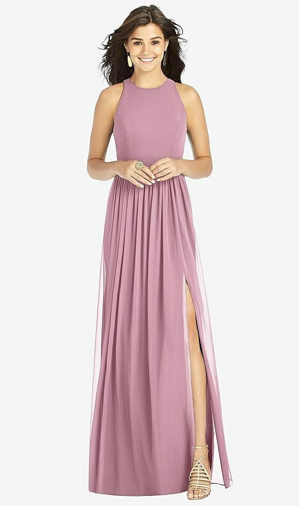 shirred skirt jewel neck halter dress with front slit