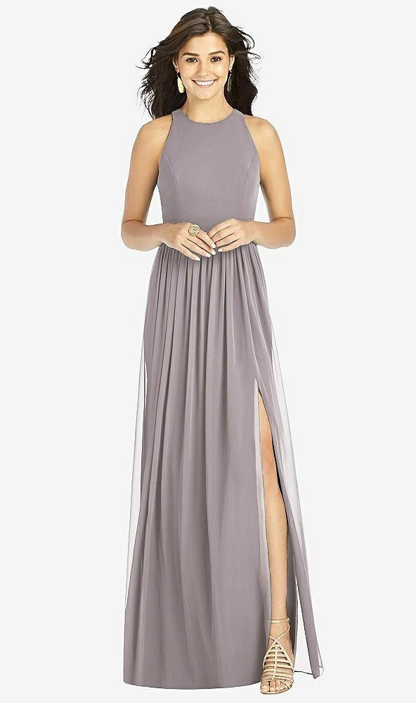 shirred skirt jewel neck halter dress with front slit