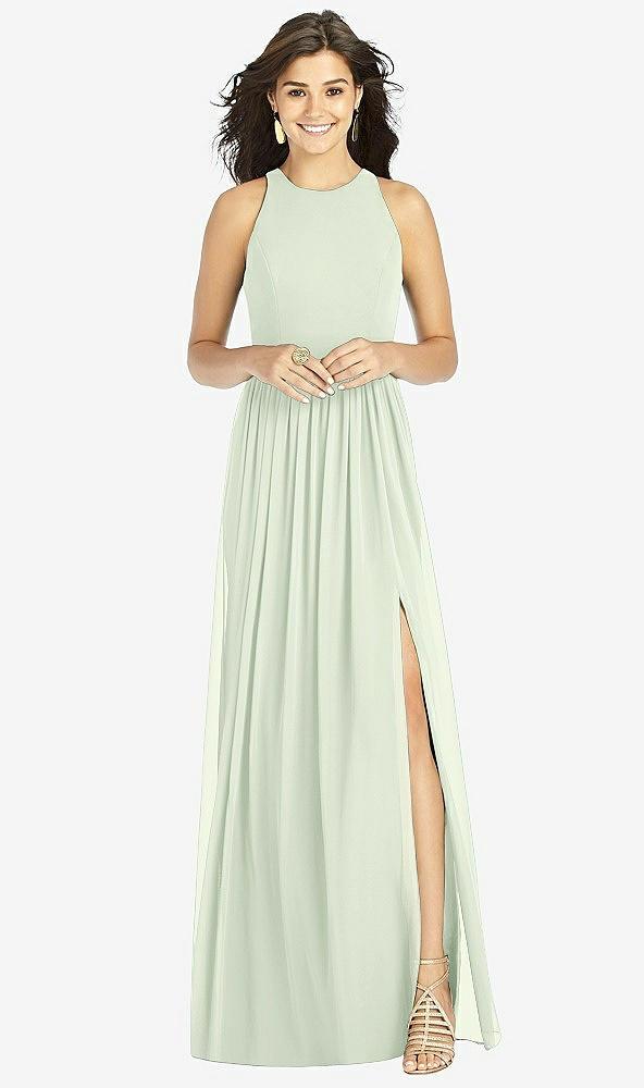 shirred skirt jewel neck halter dress with front slit