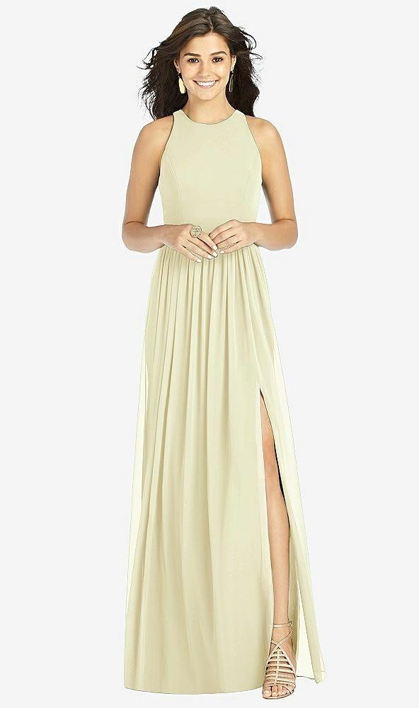 shirred skirt jewel neck halter dress with front slit