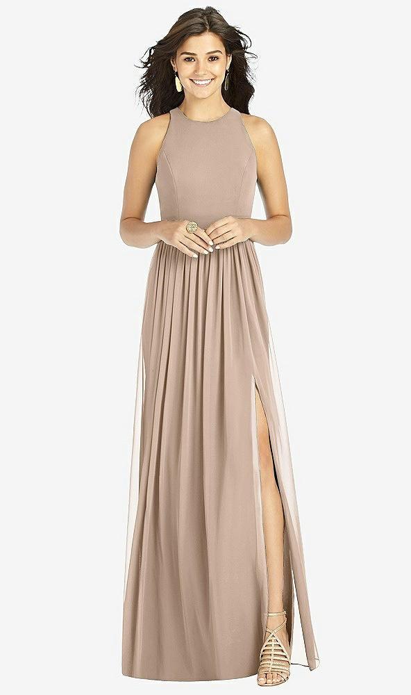 shirred skirt jewel neck halter dress with front slit