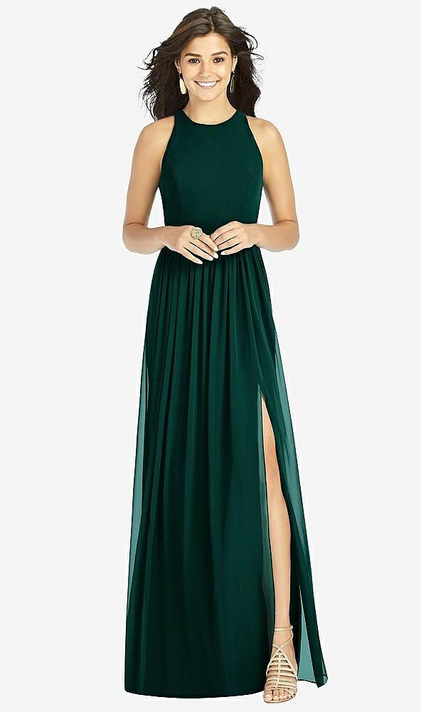 shirred skirt jewel neck halter dress with front slit