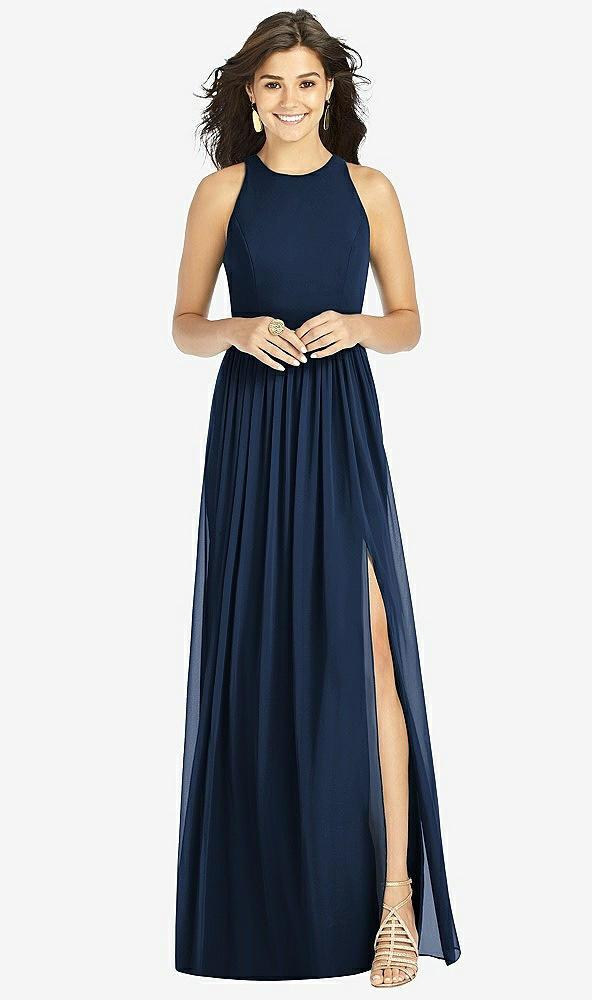 shirred skirt jewel neck halter dress with front slit