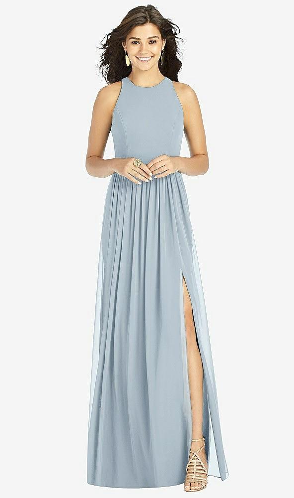 shirred skirt jewel neck halter dress with front slit