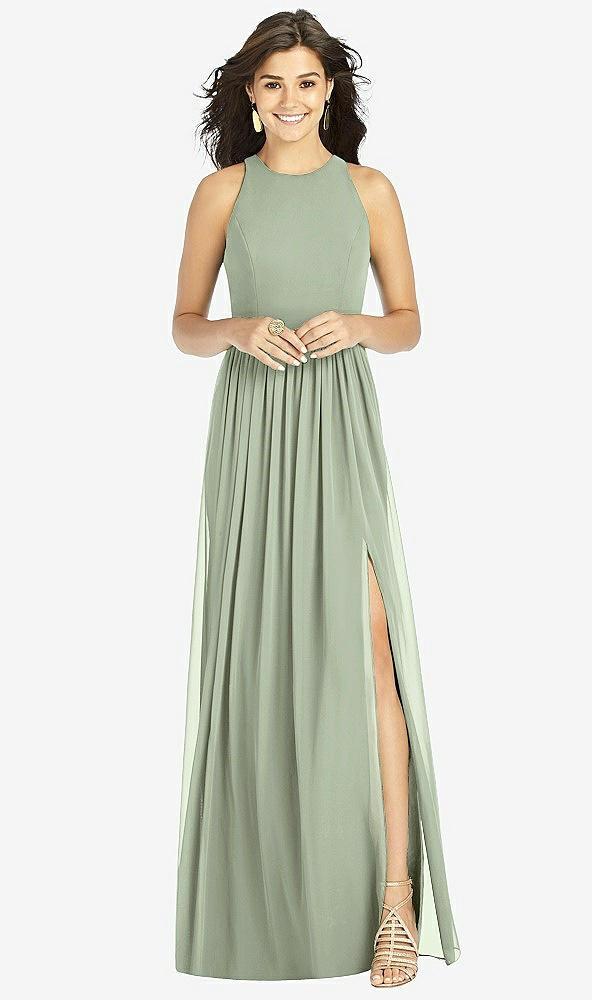 shirred skirt jewel neck halter dress with front slit