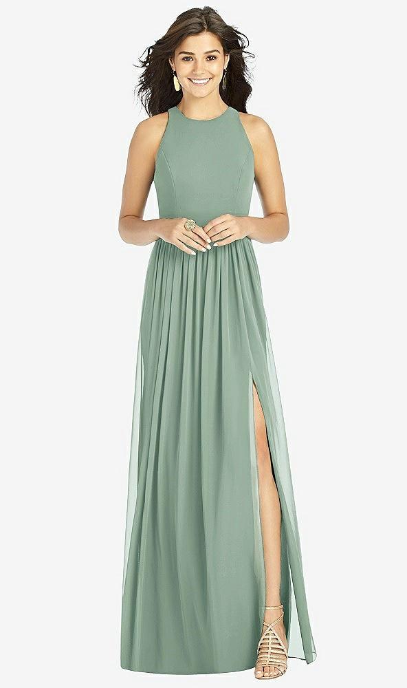 shirred skirt jewel neck halter dress with front slit