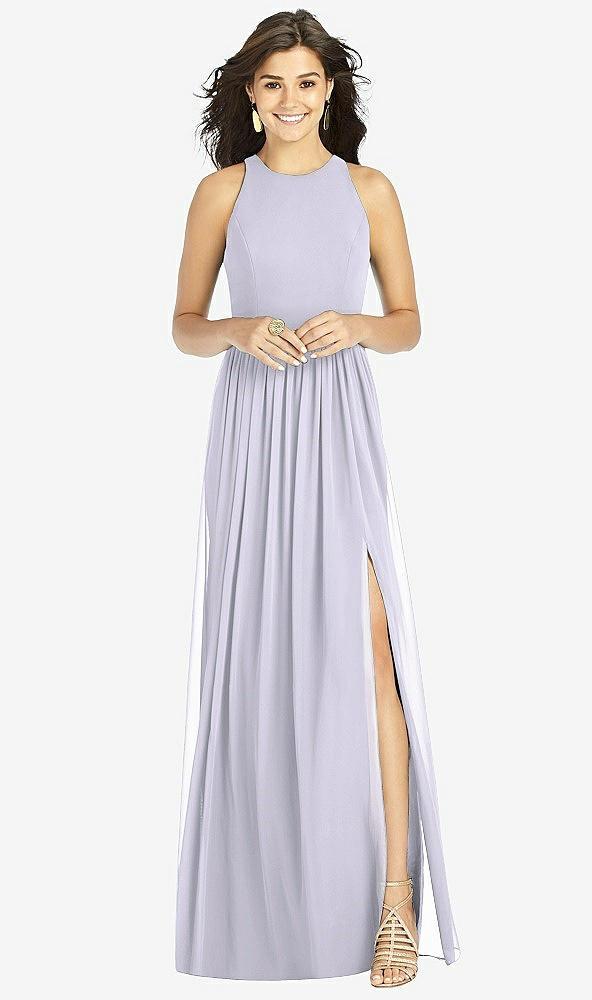 shirred skirt jewel neck halter dress with front slit