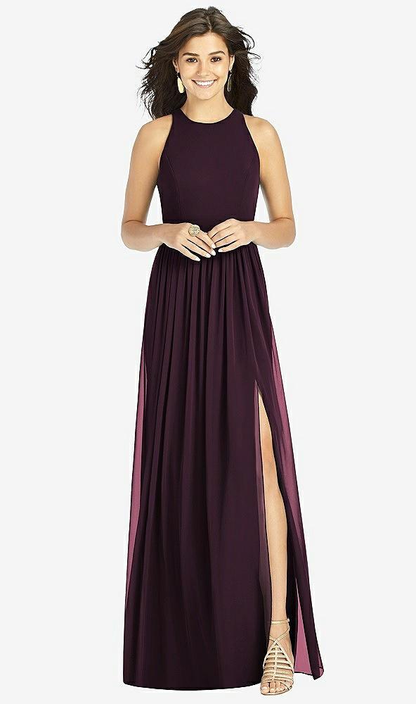 shirred skirt jewel neck halter dress with front slit