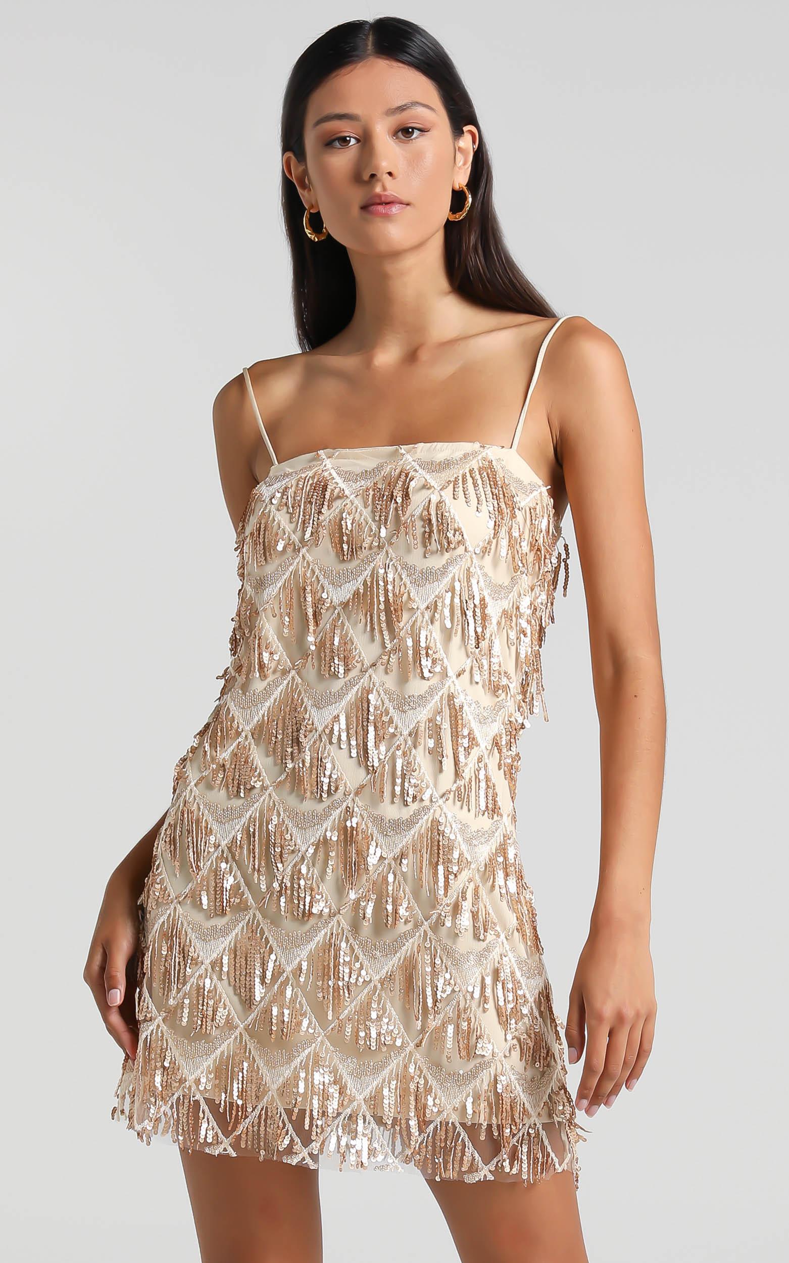 shook mini dress - cami sequin fringe dress in champagne sequin