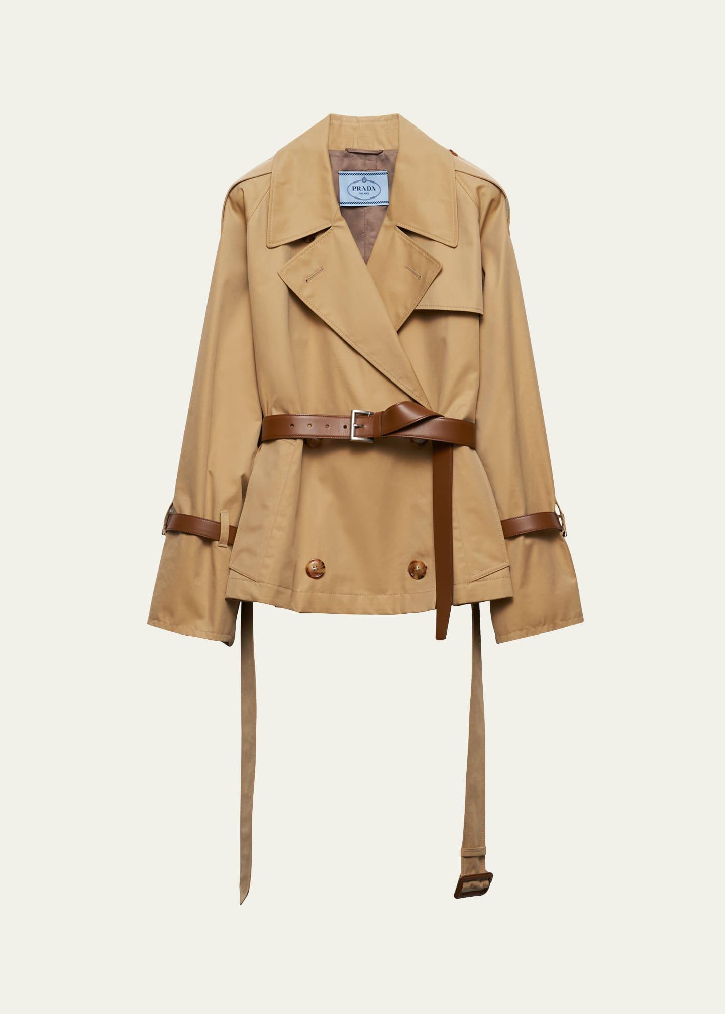 short leather belted twill trench jacket