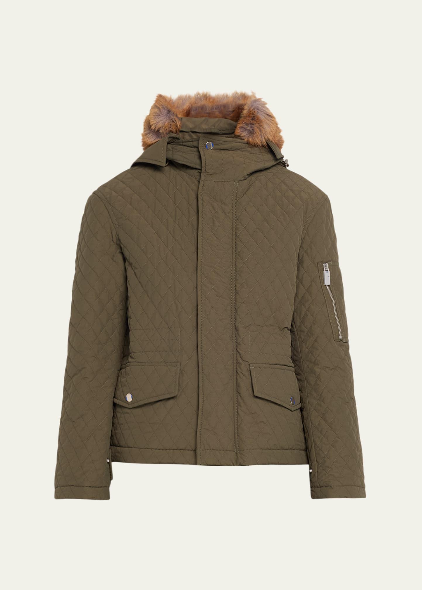 short quilted jacket with faux fur hood
