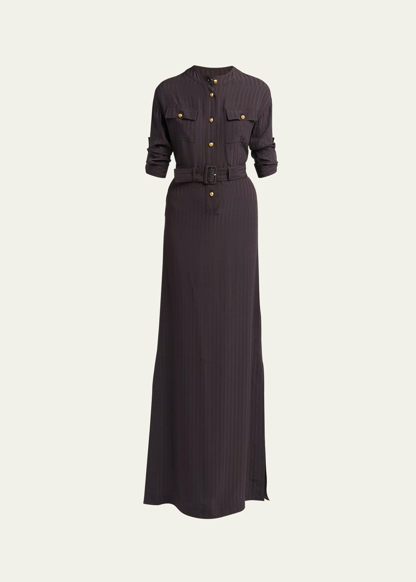 short-sleeve belted button-down jacquard gown