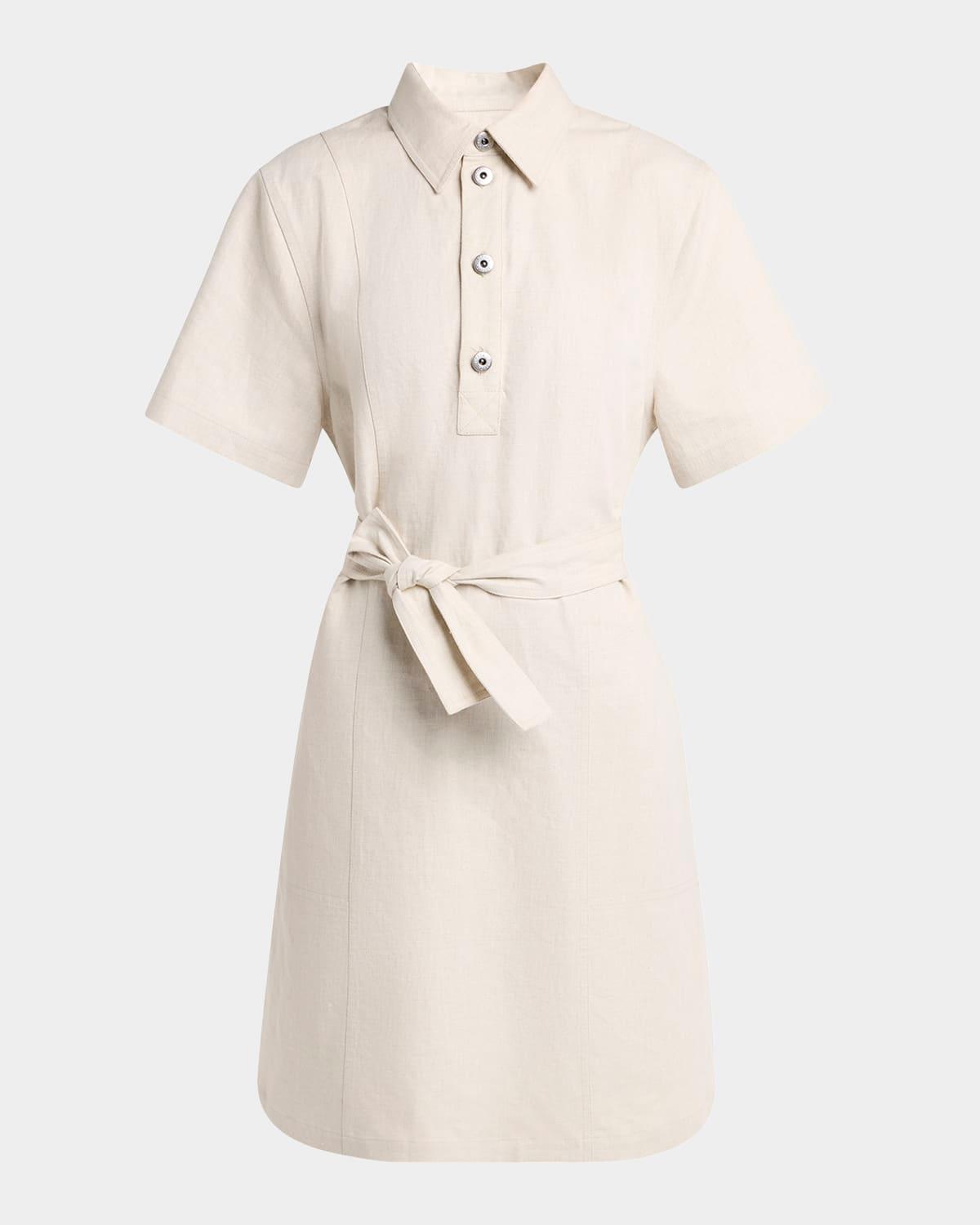 short-sleeve belted cotton-linen twill mini shirtdress
