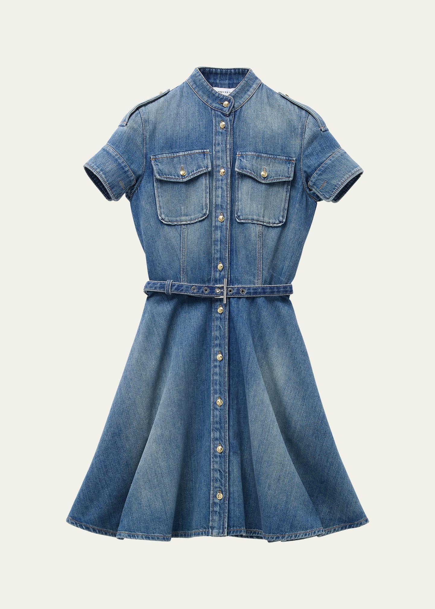 short-sleeve belted denim mini shirtdress