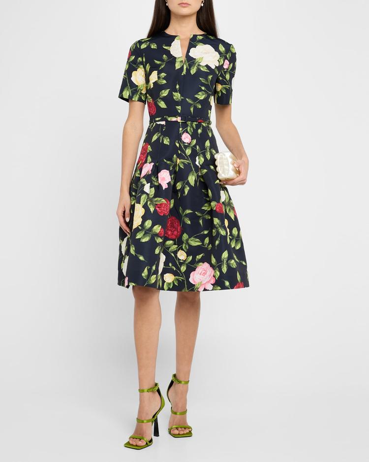short-sleeve belted english rose faille dress