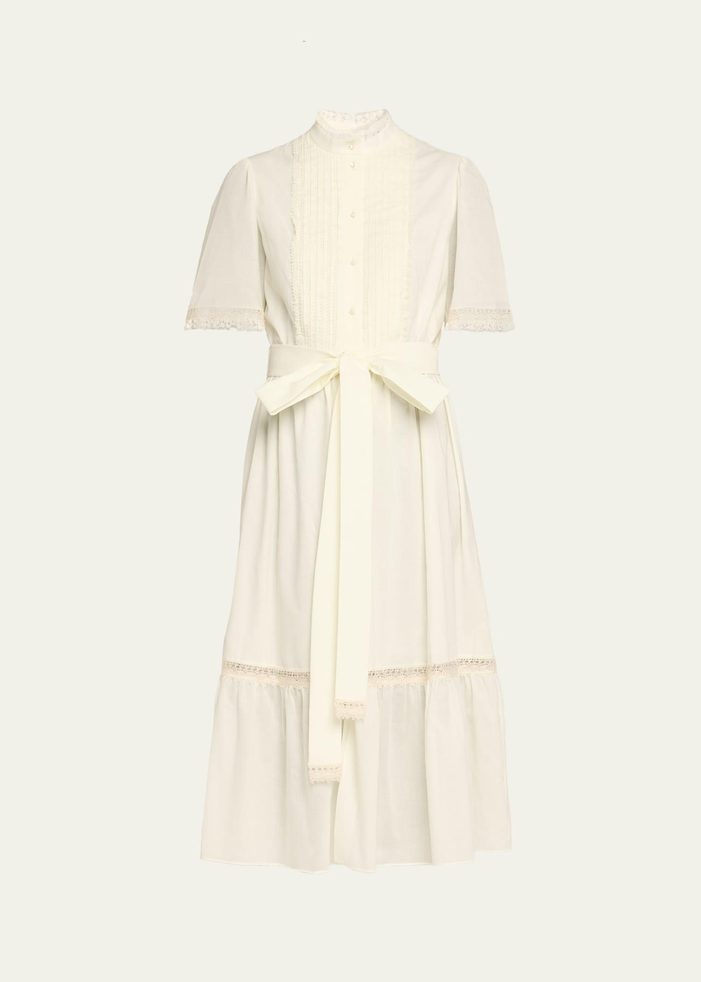 short-sleeve belted lace-trim shirtdress