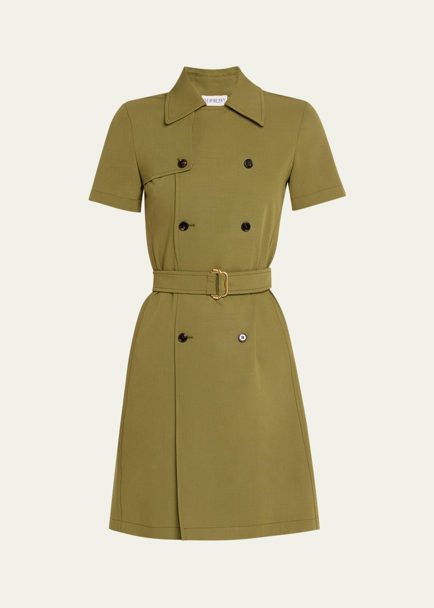 short-sleeve belted mini trench dress