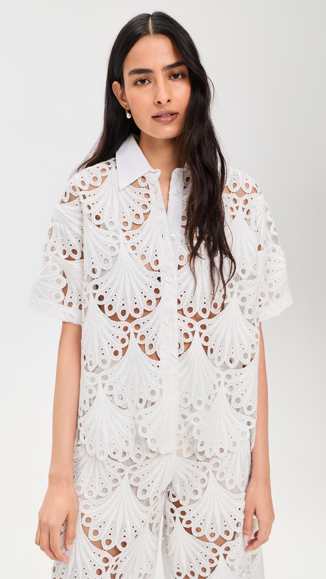 short sleeve button down lace top