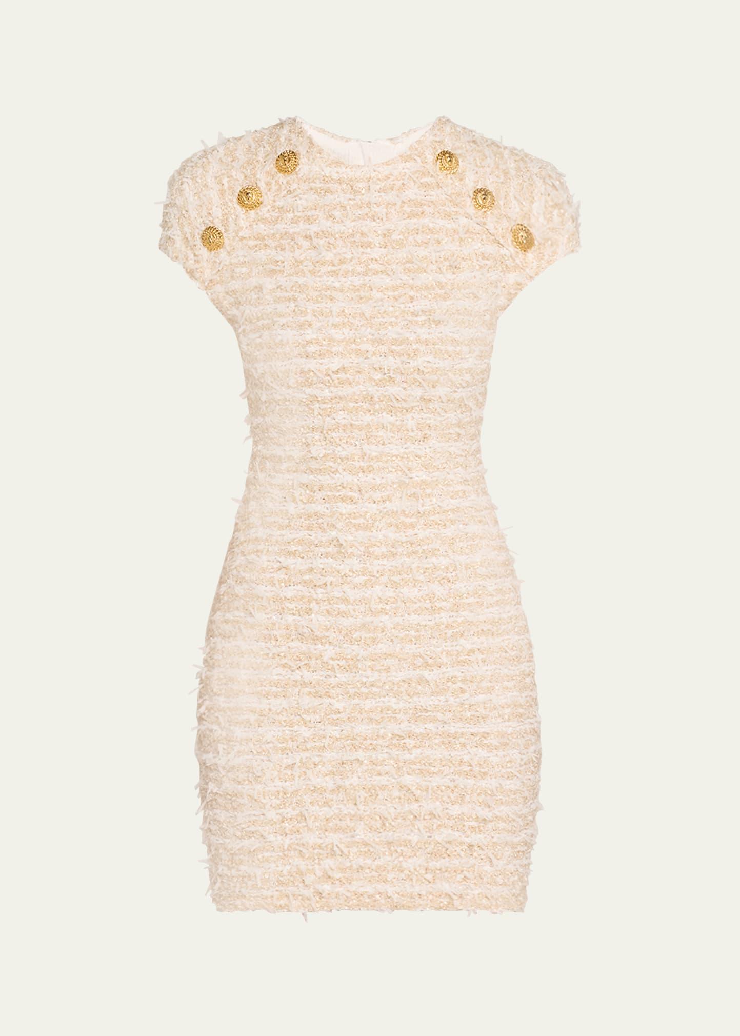 short sleeve button tweed mini dress