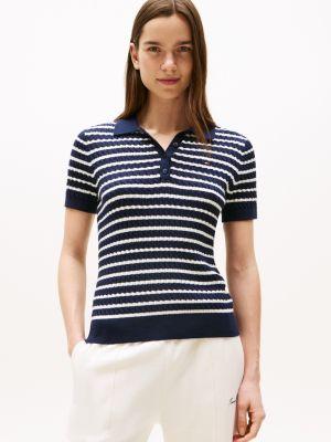 short-sleeve cable knit polo sweater