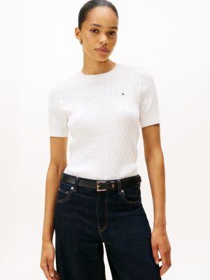 short-sleeve cable knit sweater