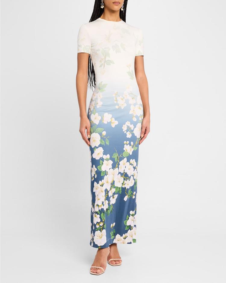short-sleeve cherry blossom jersey ankle dress
