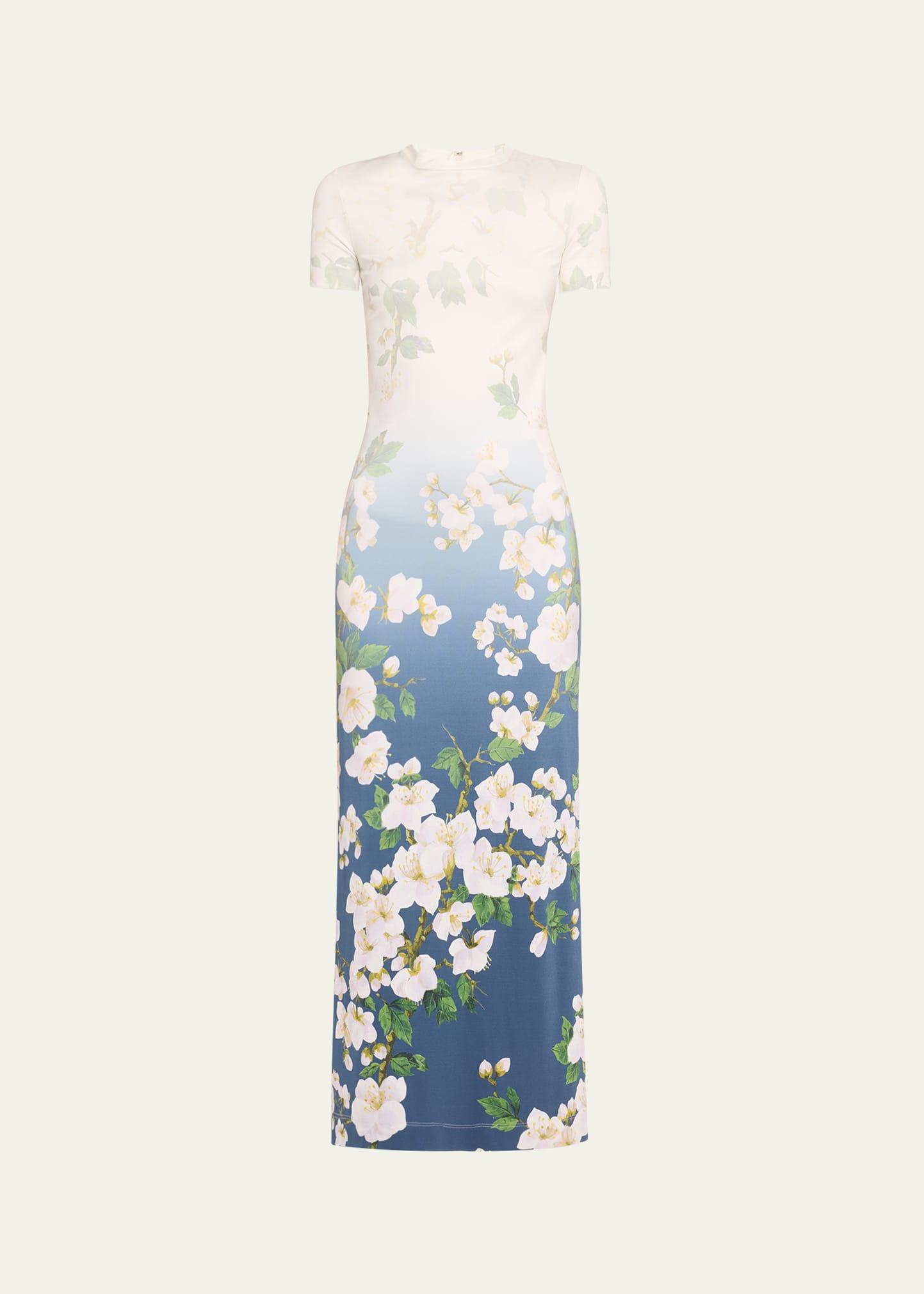 short-sleeve cherry blossom jersey ankle dress