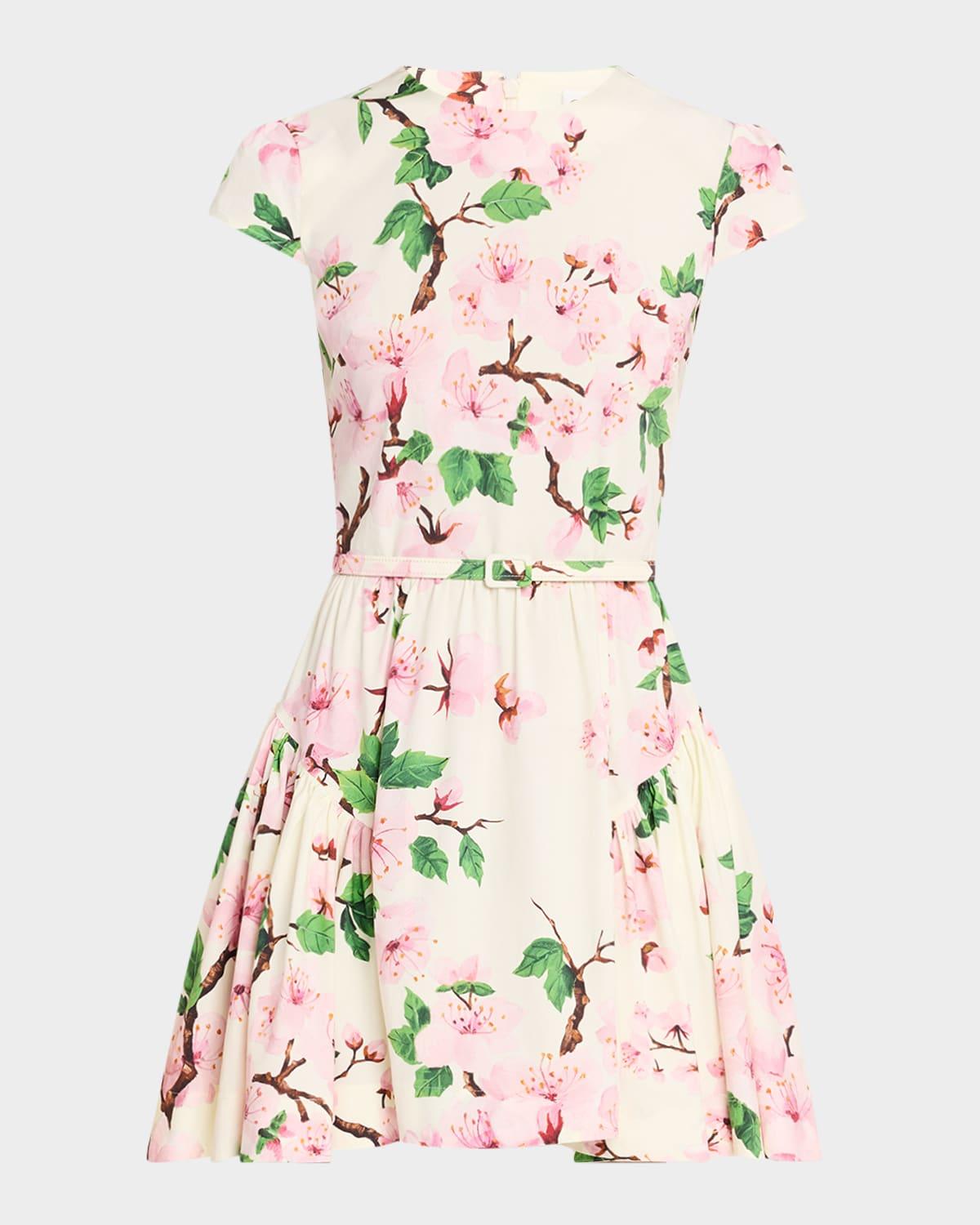 short-sleeve cherry blossom poplin mini dress with belt