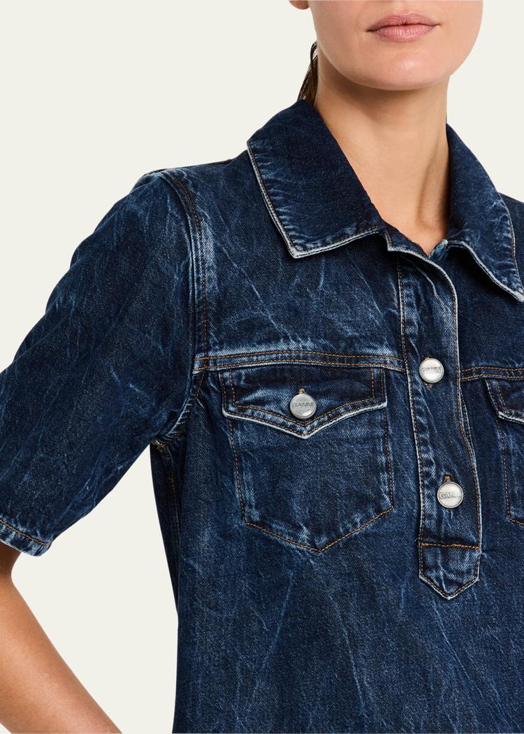 short-sleeve crinkled denim mini dress