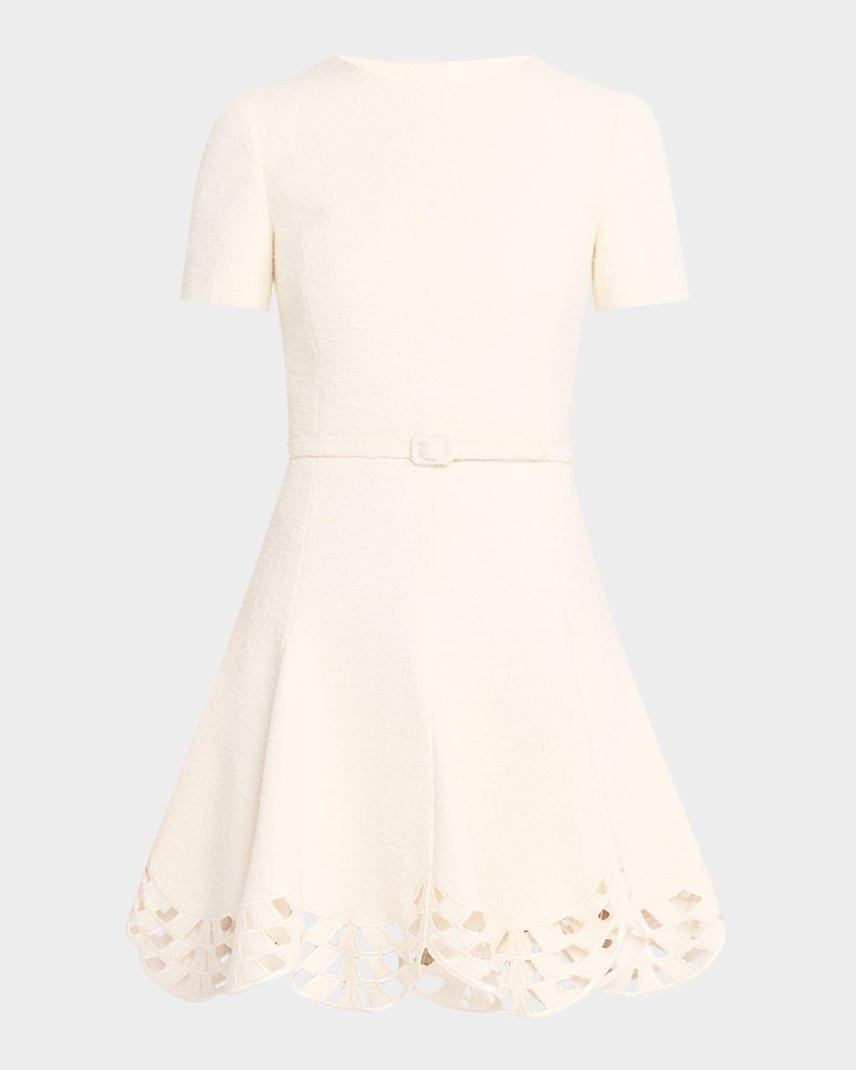 short-sleeve cutout-hem tweed mini dress with belt