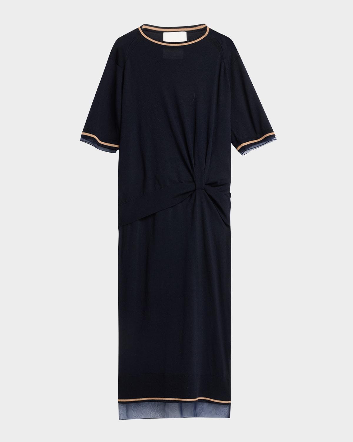 short-sleeve draped wool organza dress