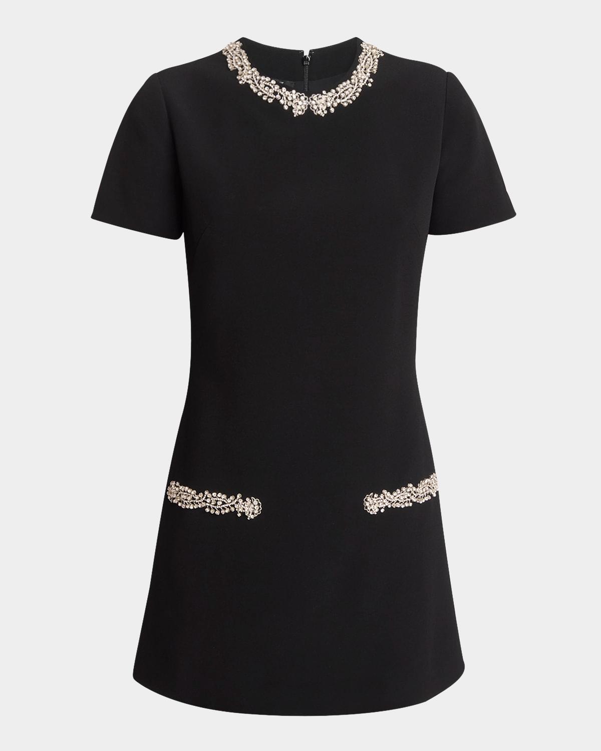short-sleeve embroidered collar and pocket mini dress