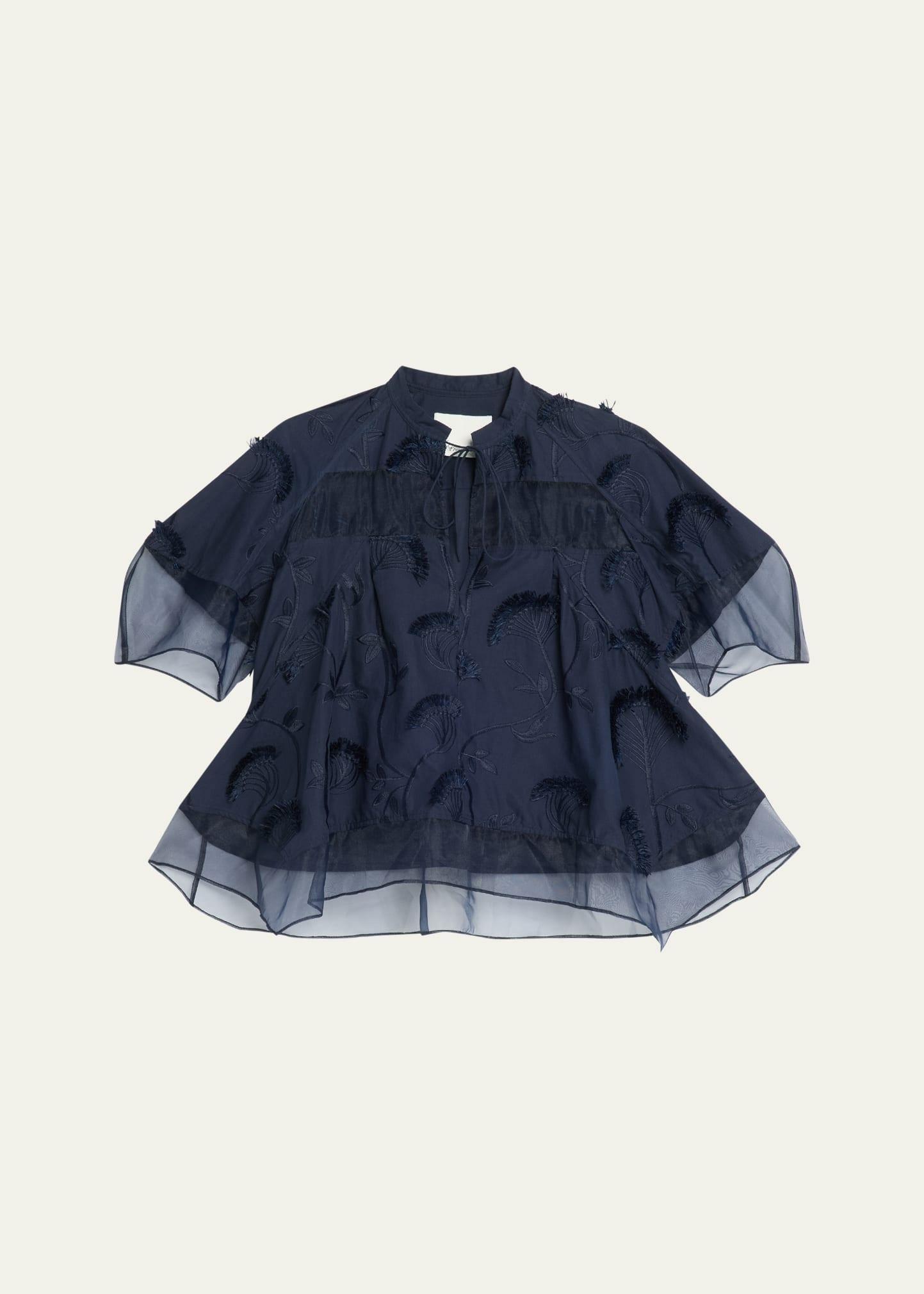 short-sleeve embroidered organza flounce top